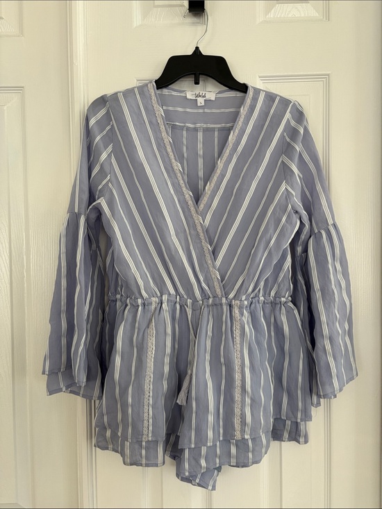 TALULAH Tops - Talulah blue and white striped Boho Flare Bell arms romper Women’s Large